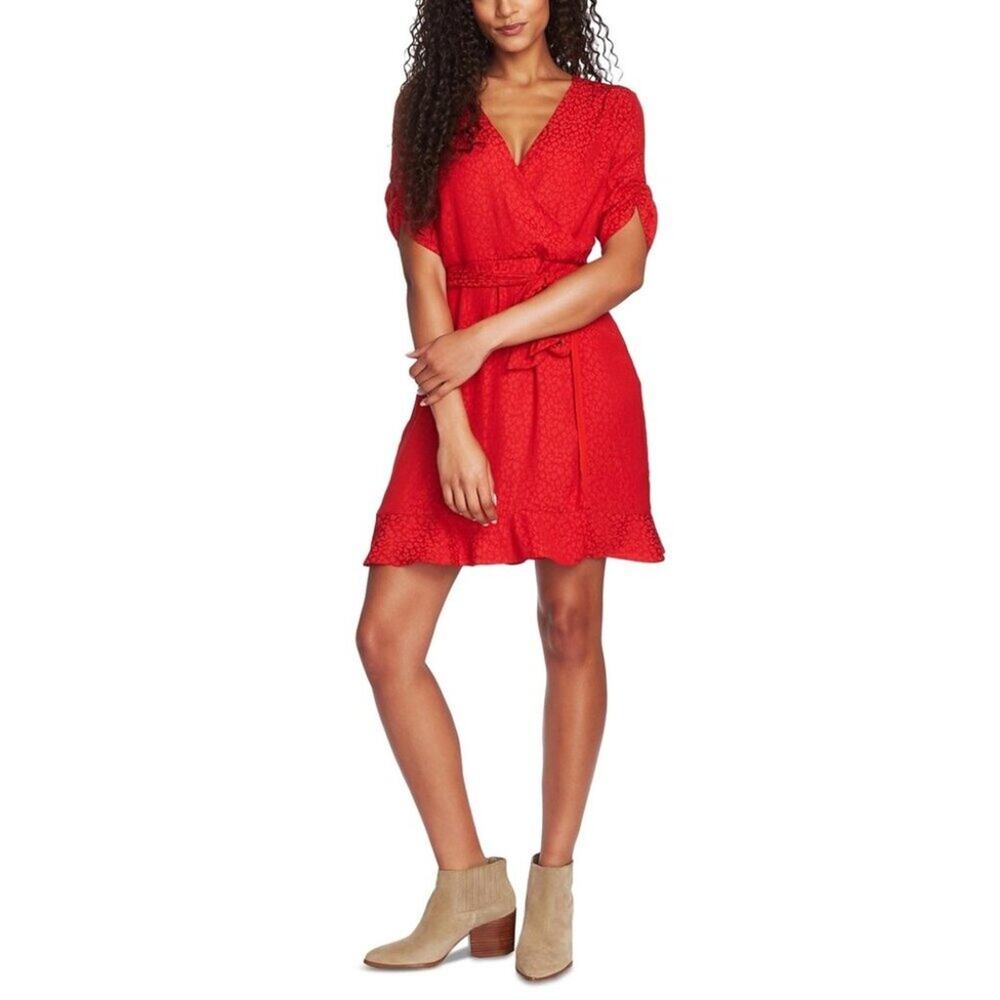1. State Red Animal Print Short Sleeve Wrap Mini Dress Size 0